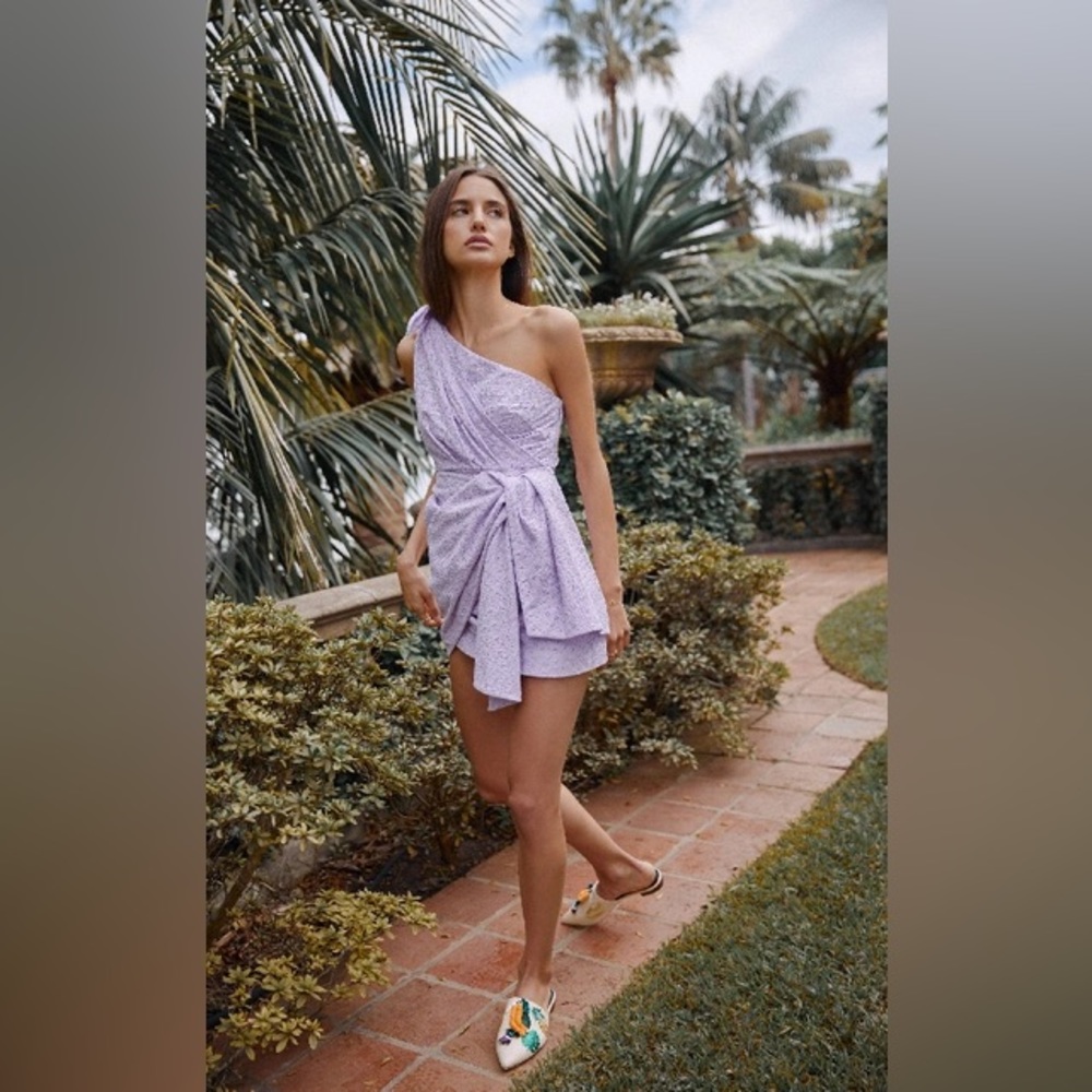 SIGNIFICANT OTHER Coraline One Shoulder Eyelet Mini Dress, Purple Orchid, 2, NWT